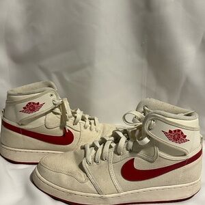 High-Top Nike air Jordan’s Sneakers off white fabric with red accent. Rare